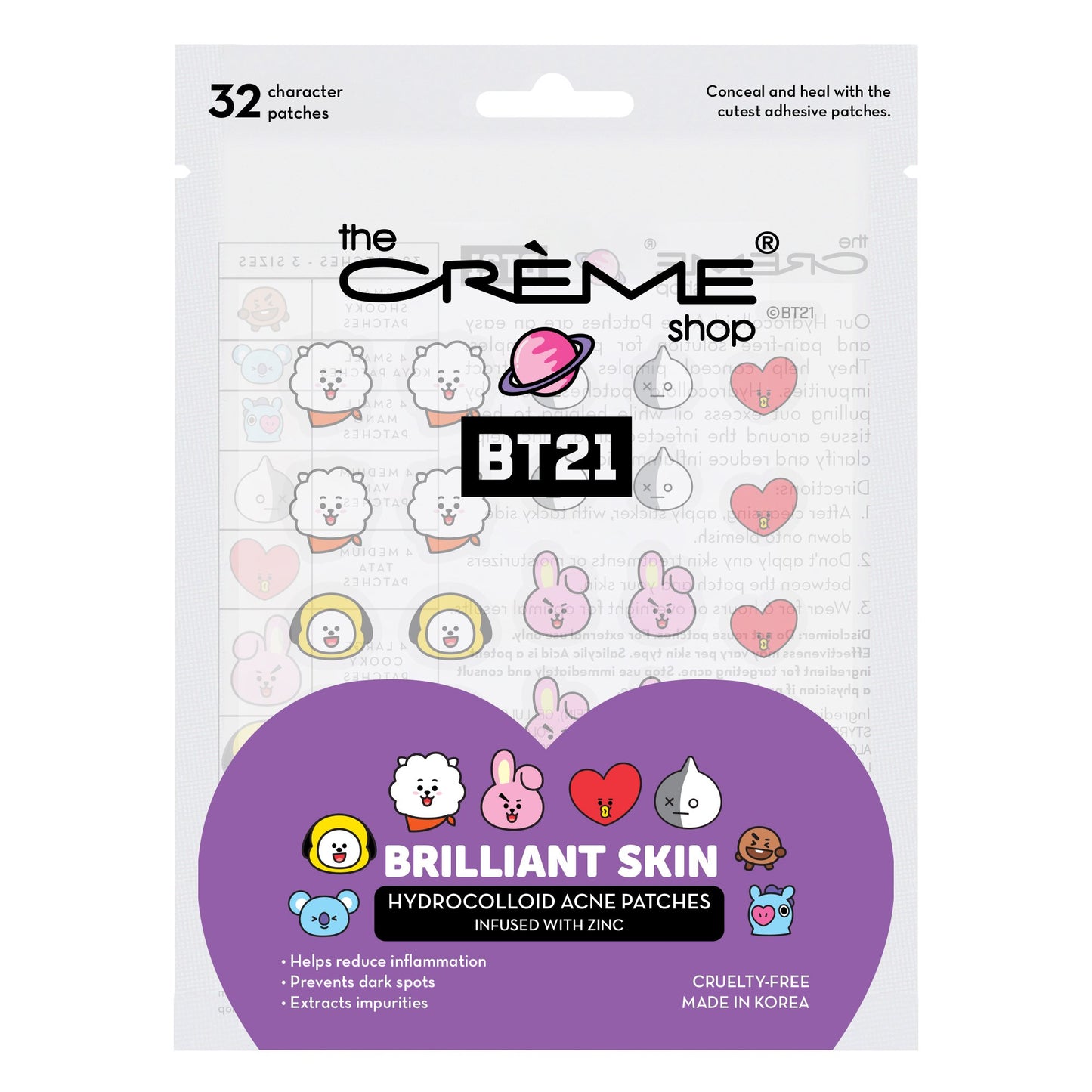 The Crème Shop | BT21: Brilliant Skin - Hydrocolloid Acne Patches | Infused with Zinc Hydrocolloid Acne Patches The Crème Shop x BT21