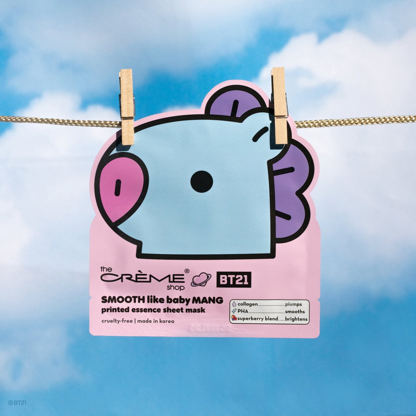 SMOOTH Like Baby MANG Printed Essence Sheet Mask (Collagen, PHA, Superberry Blend) Sheet masks The Crème Shop x BT21 BABY