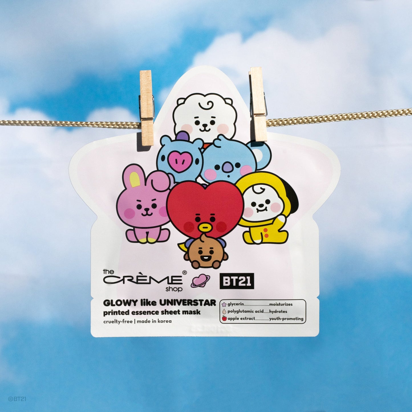 GLOWY like UNIVERSTAR Printed Essence Sheet Mask (Glycerin, Polyglutamic Acid, Apple Extract) Sheet masks The Crème Shop x BT21 BABY