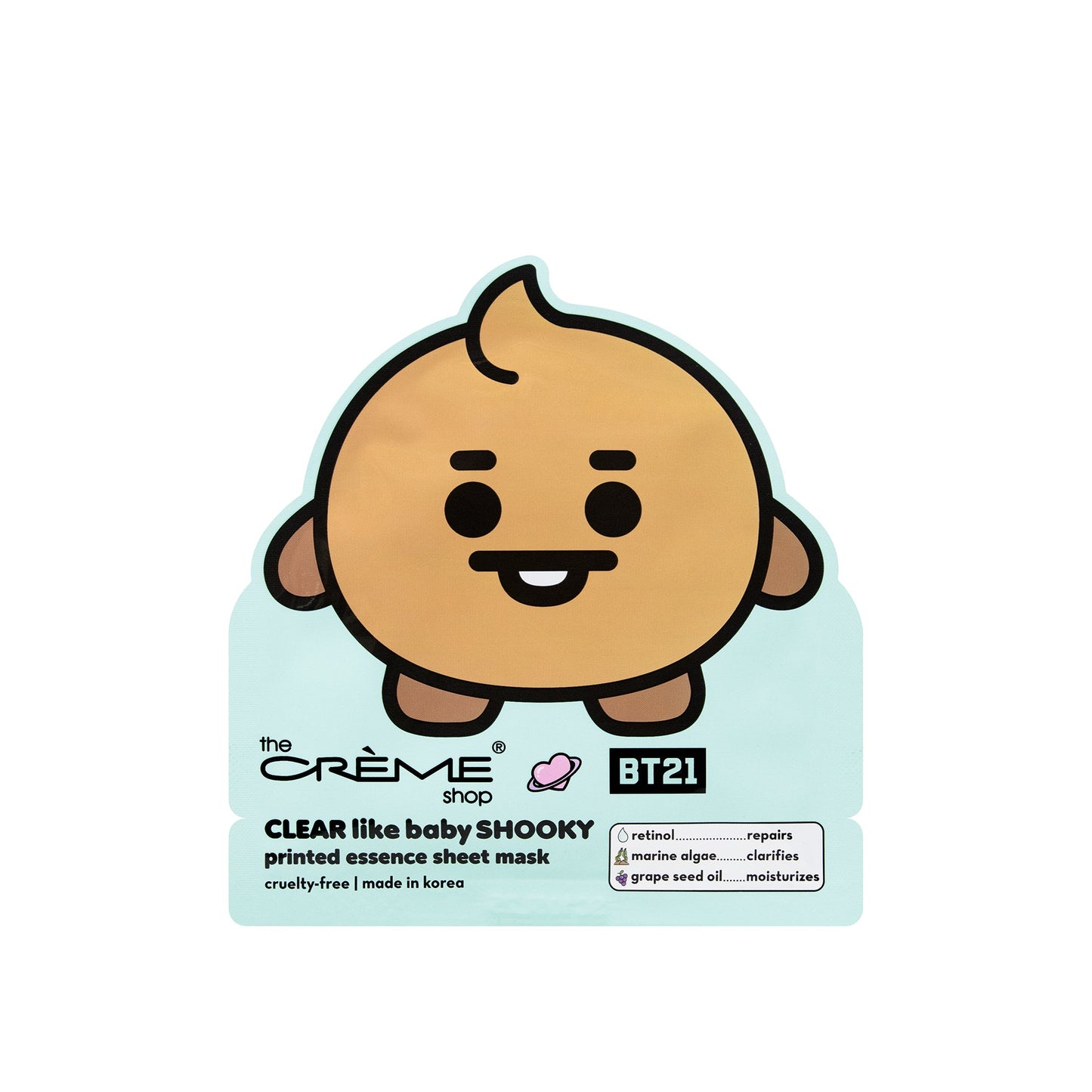 CLEAR Like Baby SHOOKY Printed Essence Sheet Mask (Retinol, Marine Algae, Grape Seed Oil) Sheet masks The Crème Shop x BT21 BABY