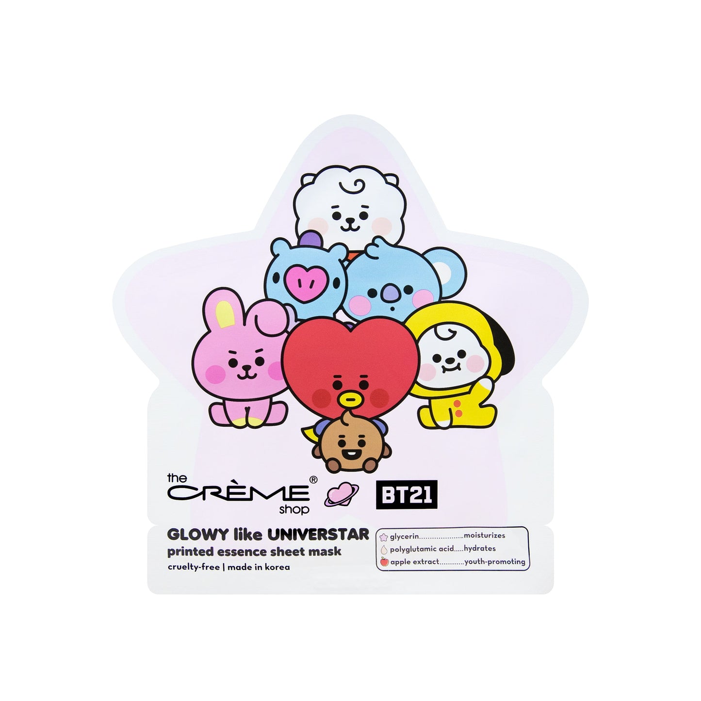 GLOWY like UNIVERSTAR Printed Essence Sheet Mask (Glycerin, Polyglutamic Acid, Apple Extract) Sheet masks The Crème Shop x BT21 BABY