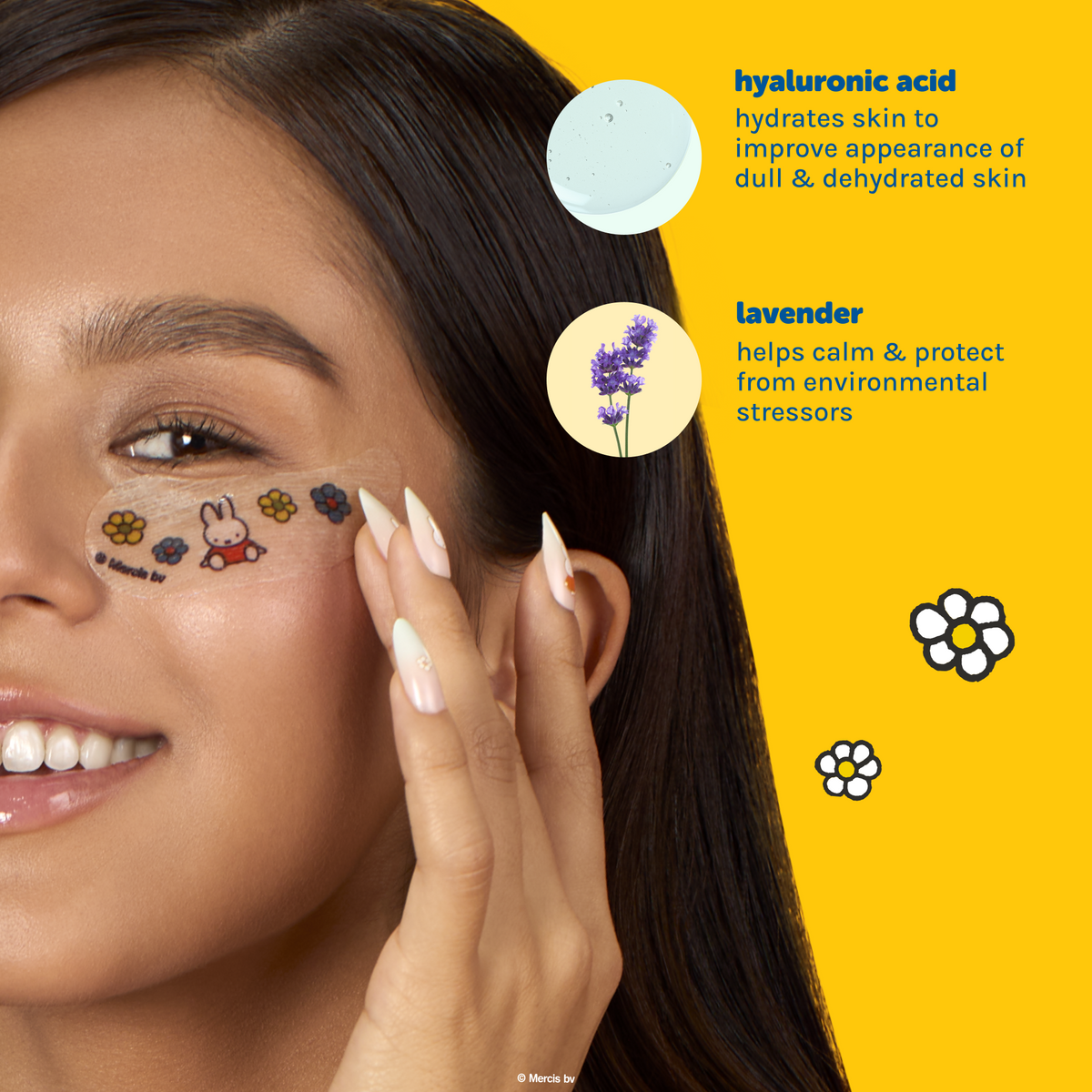 Miffy Calming Cloud Under Eye Patches — model wearing patches with hyaluronic acid and lavender information