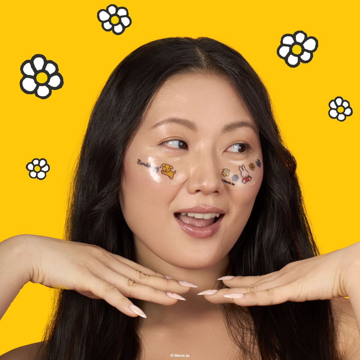 Miffy Calming Cloud Under Eye Patches — model wearing printed patches under both eyes