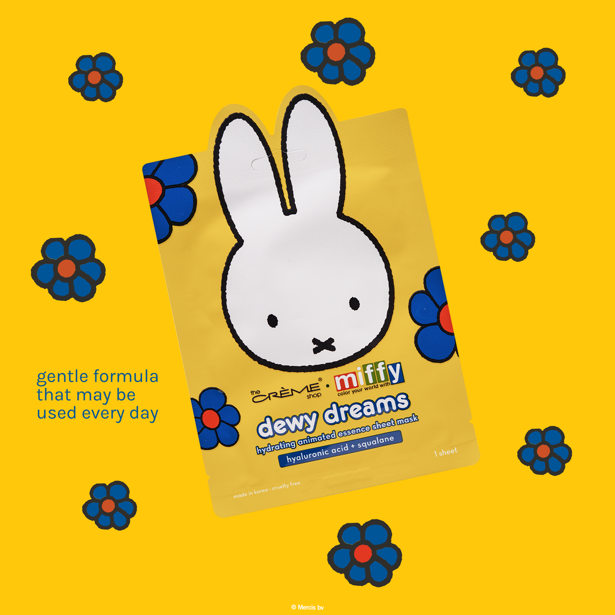 Miffy Dewy Dreams Animated Sheet Mask — yellow Miffy mask pouch with gentle formula information