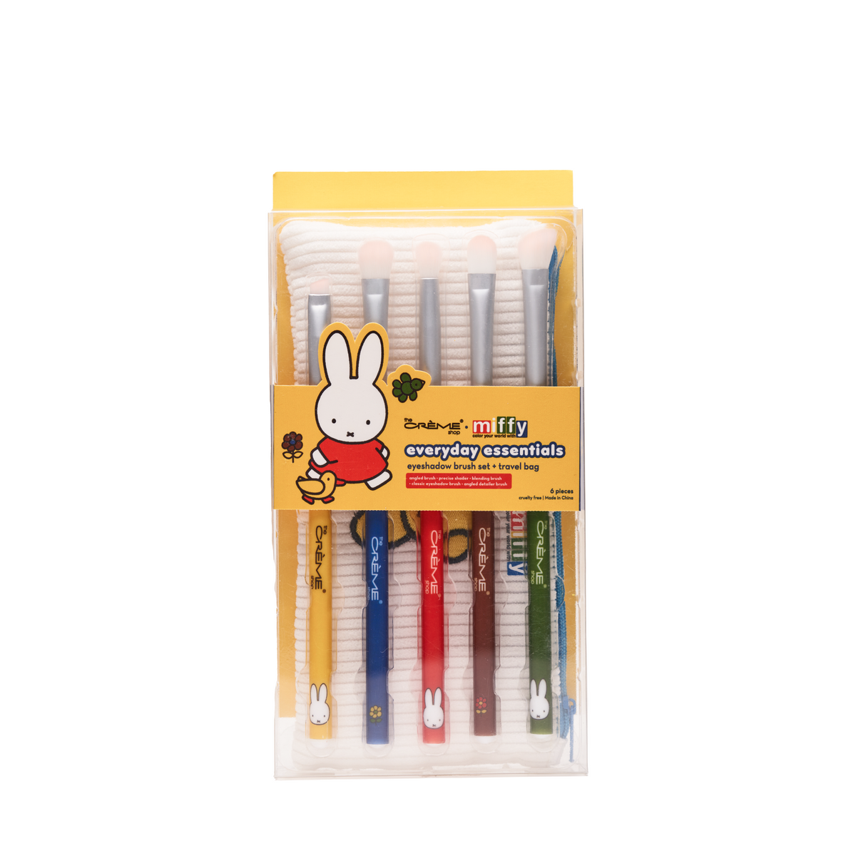 Miffy Everyday Essentials Eye Brush Set — five colorful eyeshadow brushes with a Miffy storage pouch in packaging