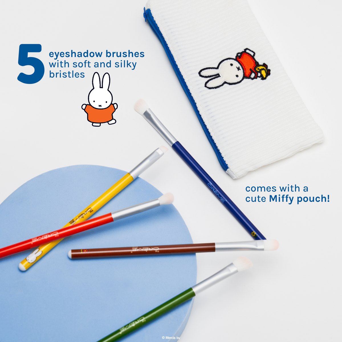 Miffy Everyday Essentials Eye Brush Set — five makeup brushes beside the white Miffy pouch