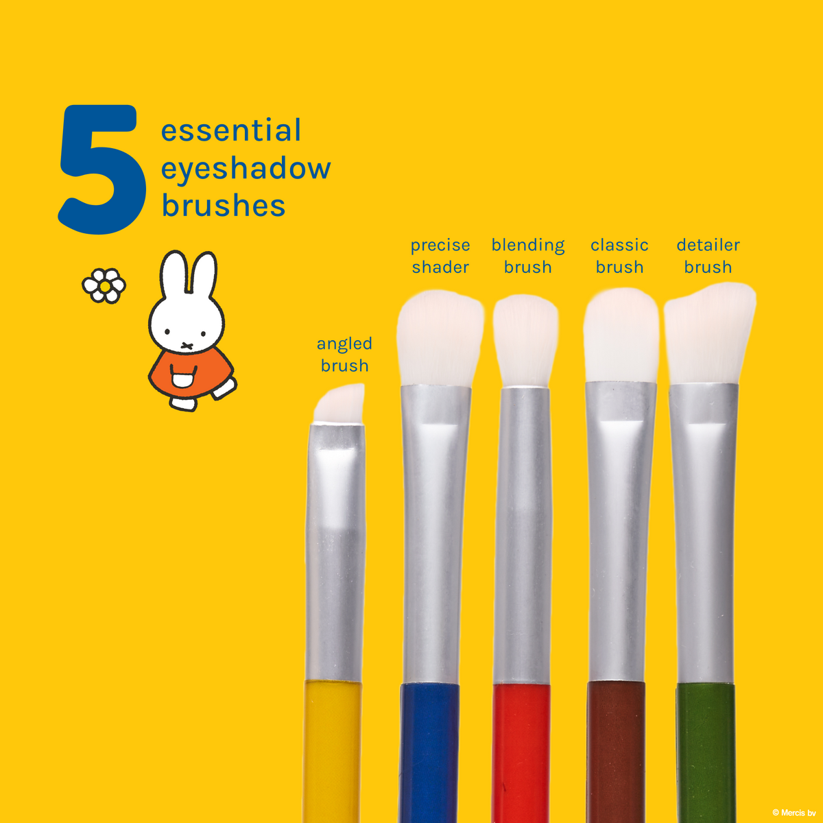 Miffy Everyday Essentials Eye Brush Set — angled, precise shader, blending, classic and detail brushes labeled