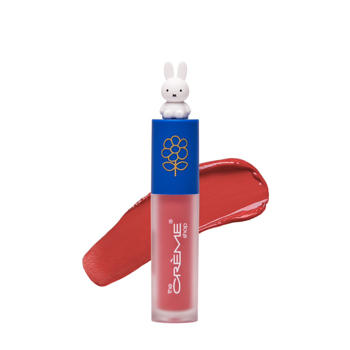 Miffy Glossy Lip Stain — Romantic Rose — rose-pink lip stain tube with blue cap and white Miffy topper with a matching color swatch