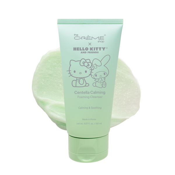 Hello Kitty & Friends Centella Calming Foaming Cleanser — green Hello Kitty cleanser tube with a foam swatch