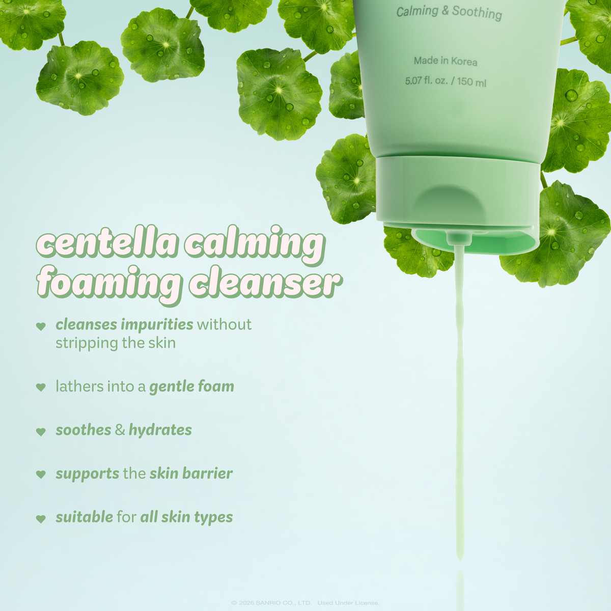 Hello Kitty & Friends Centella Calming Foaming Cleanser — centella cleanser and leaves with cleansing benefits