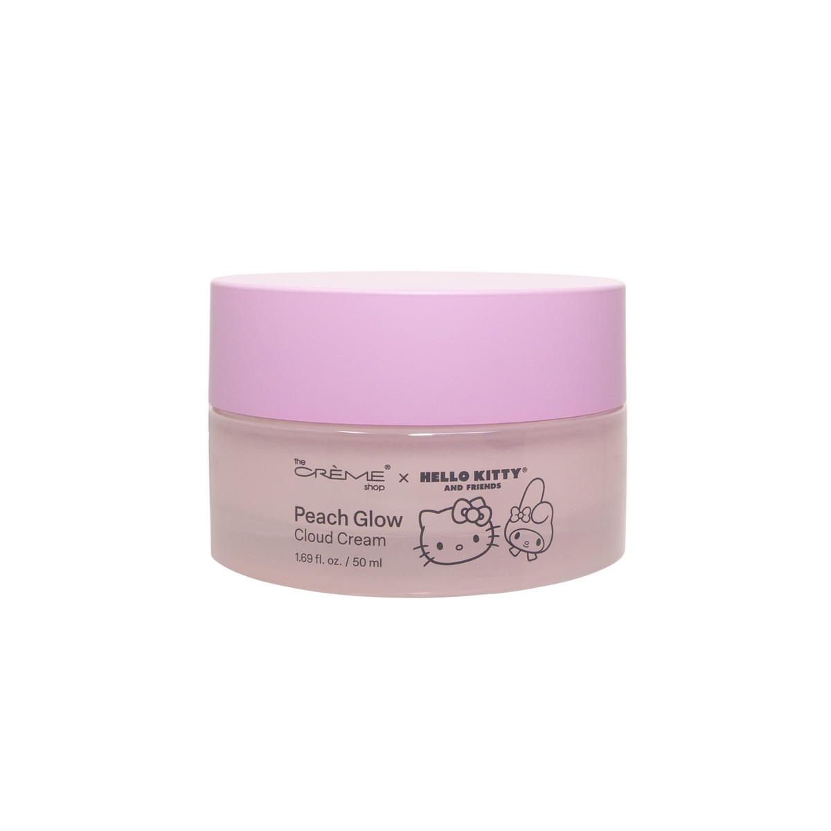 Hello Kitty & Friends Peach Glow Cloud Cream — front of the jar with a pink lid and Hello Kitty artwork