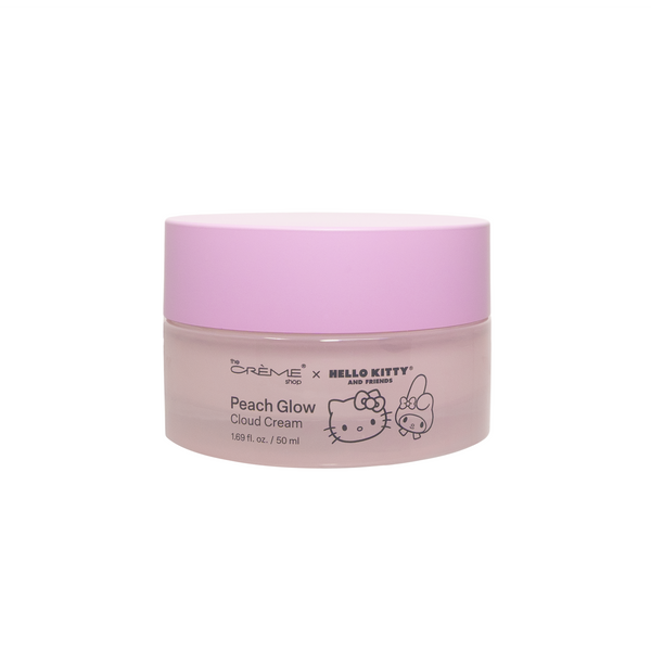 Hello Kitty & Friends Peach Glow Cloud Cream — front of the jar with a pink lid and Hello Kitty artwork