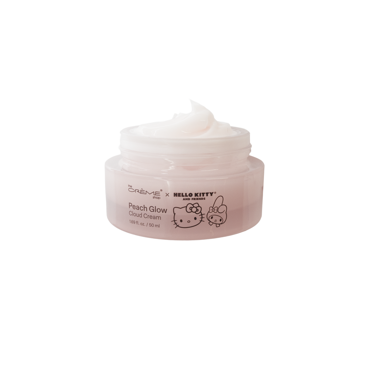 Hello Kitty & Friends Peach Glow Cloud Cream — open jar showing the white cream texture
