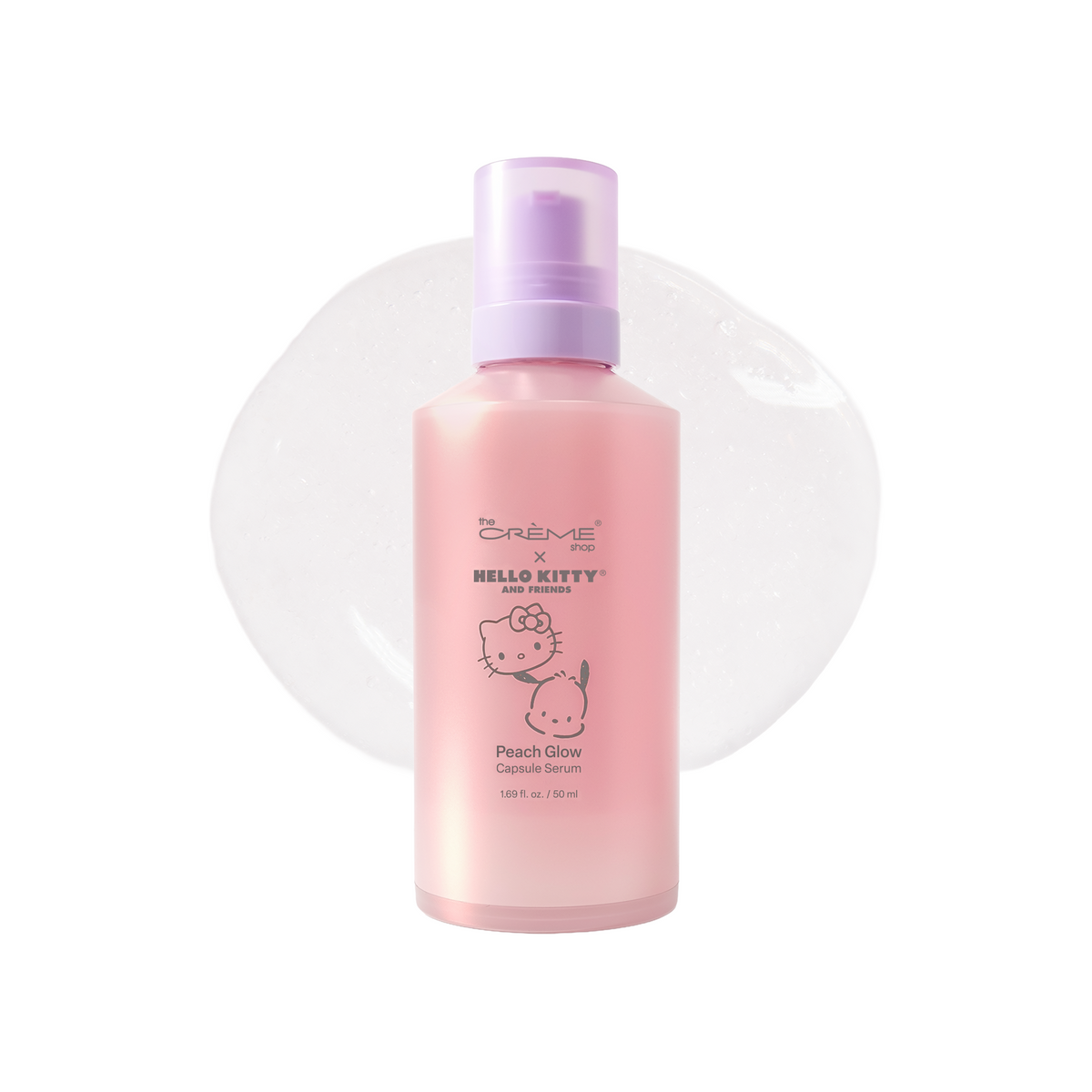 Hello Kitty & Friends Peach Glow Capsule Serum — pink pump bottle with a serum texture swatch