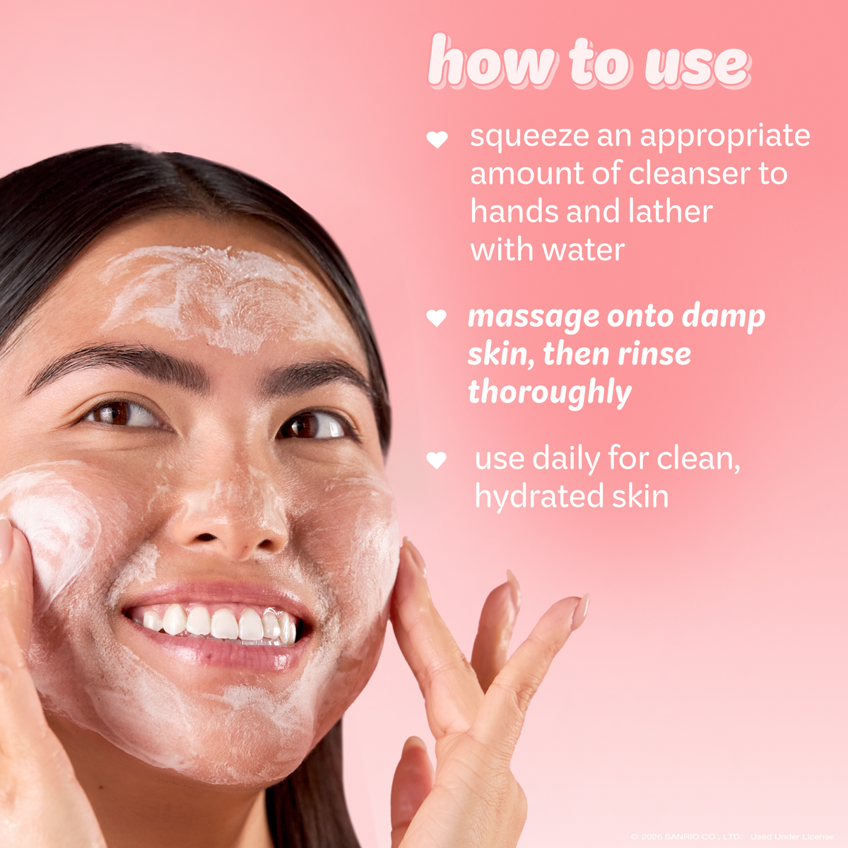 Hello Kitty & Friends Peach Glow Hyaluronic Foaming Cleanser — model applying foaming cleanser with use instructions