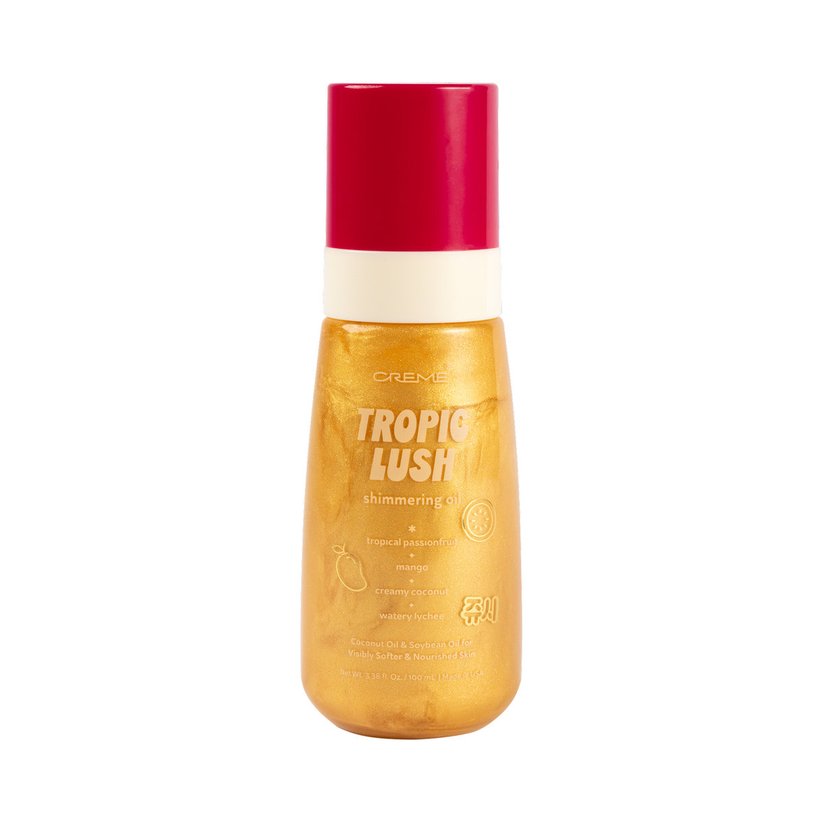 Tropic Lush Shimmering Body Oil — golden body oil bottle with a pink cap