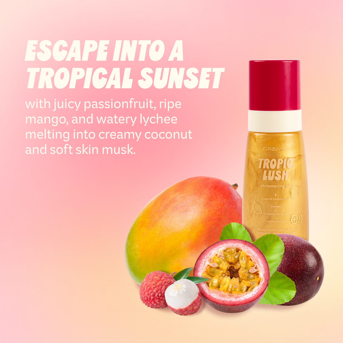 Tropic Lush Shimmering Body Oil — bottle with tropical fruit and coconut fragrance imagery