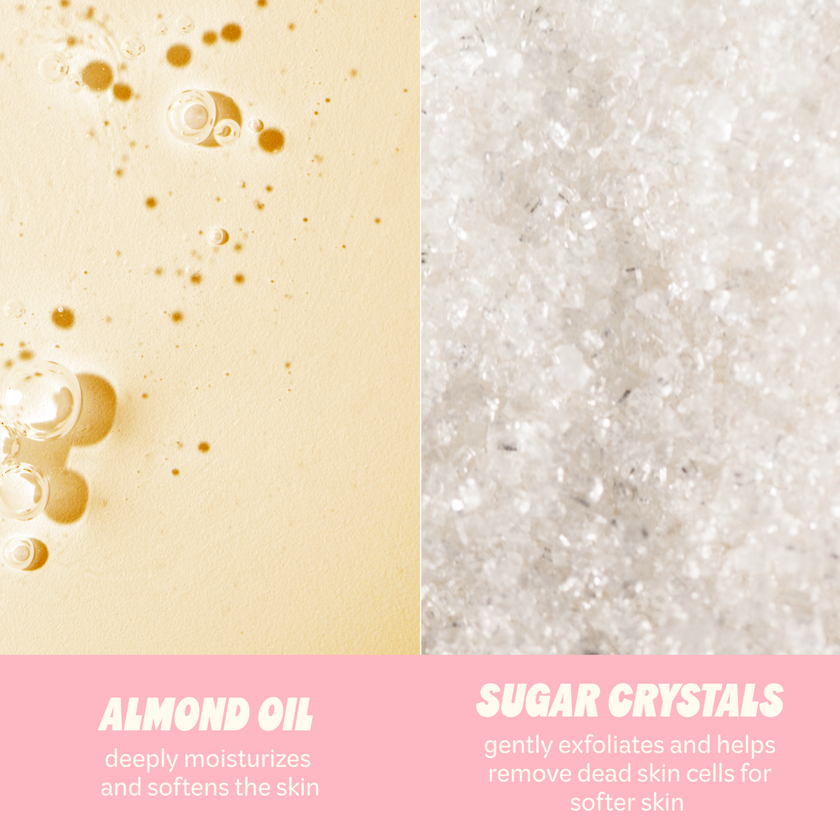 Cloud Kiss Exfoliating Body Scrub — almond oil and sugar crystal ingredient graphic