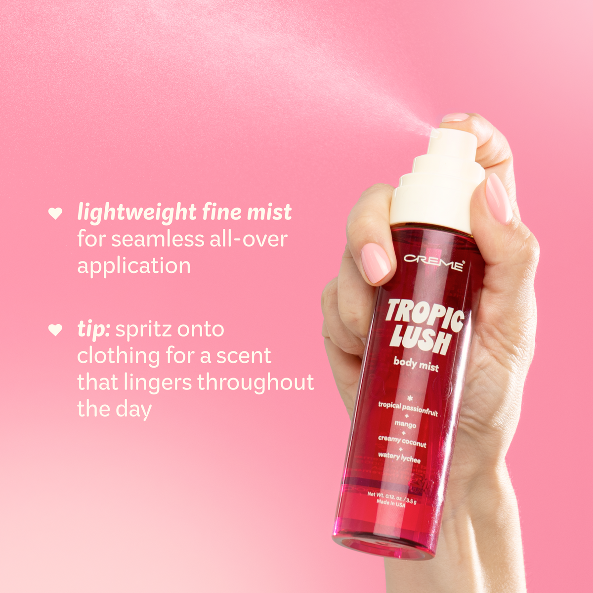 Tropic Lush Body Mist — hand spraying the body mist with application tips