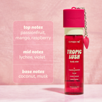 Tropic Lush Body Mist — fragrance note chart beside the bottle