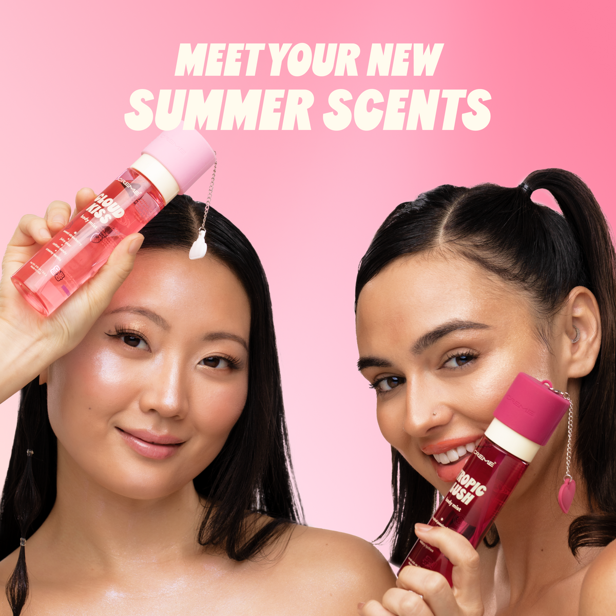 Tropic Lush Body Mist — models holding Cloud Kiss and Tropic Lush body mists