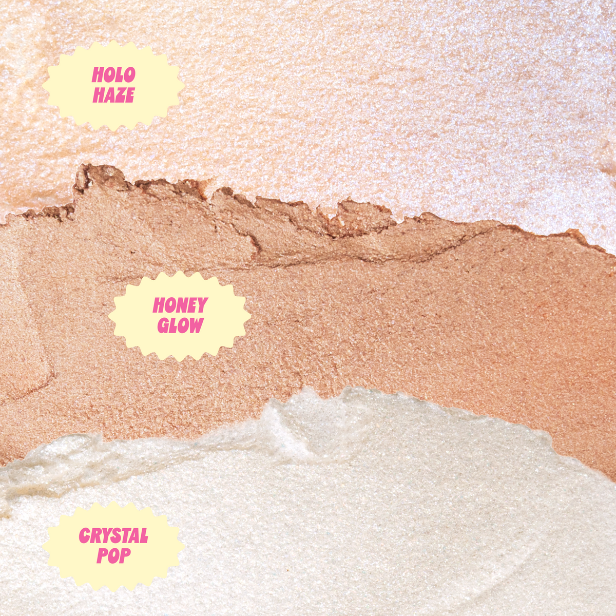 Aura Glow Highlighter — Holo Haze, Honey Glow and Crystal Pop highlighter swatches