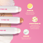 Aura Glow Highlighter — three highlighter sticks with jojoba oil, apricot kernel oil and squalane information