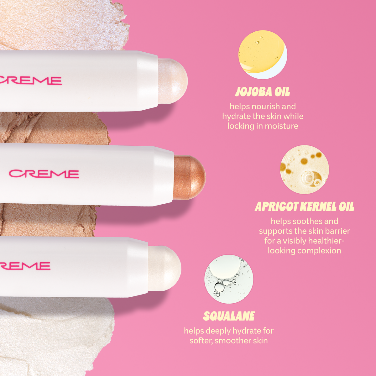 Aura Glow Highlighter — three highlighter sticks with jojoba oil, apricot kernel oil and squalane information