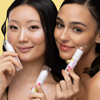 Aura Glow Highlighter — two models showing highlighted cheeks and holding sticks