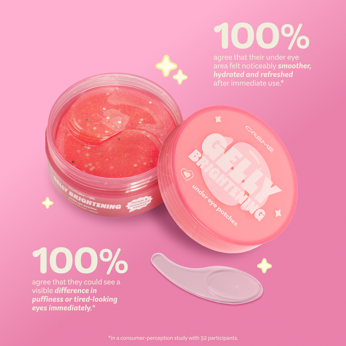 Gelly Brightening Under Eye Patches — open patch jar and spatula with study results
