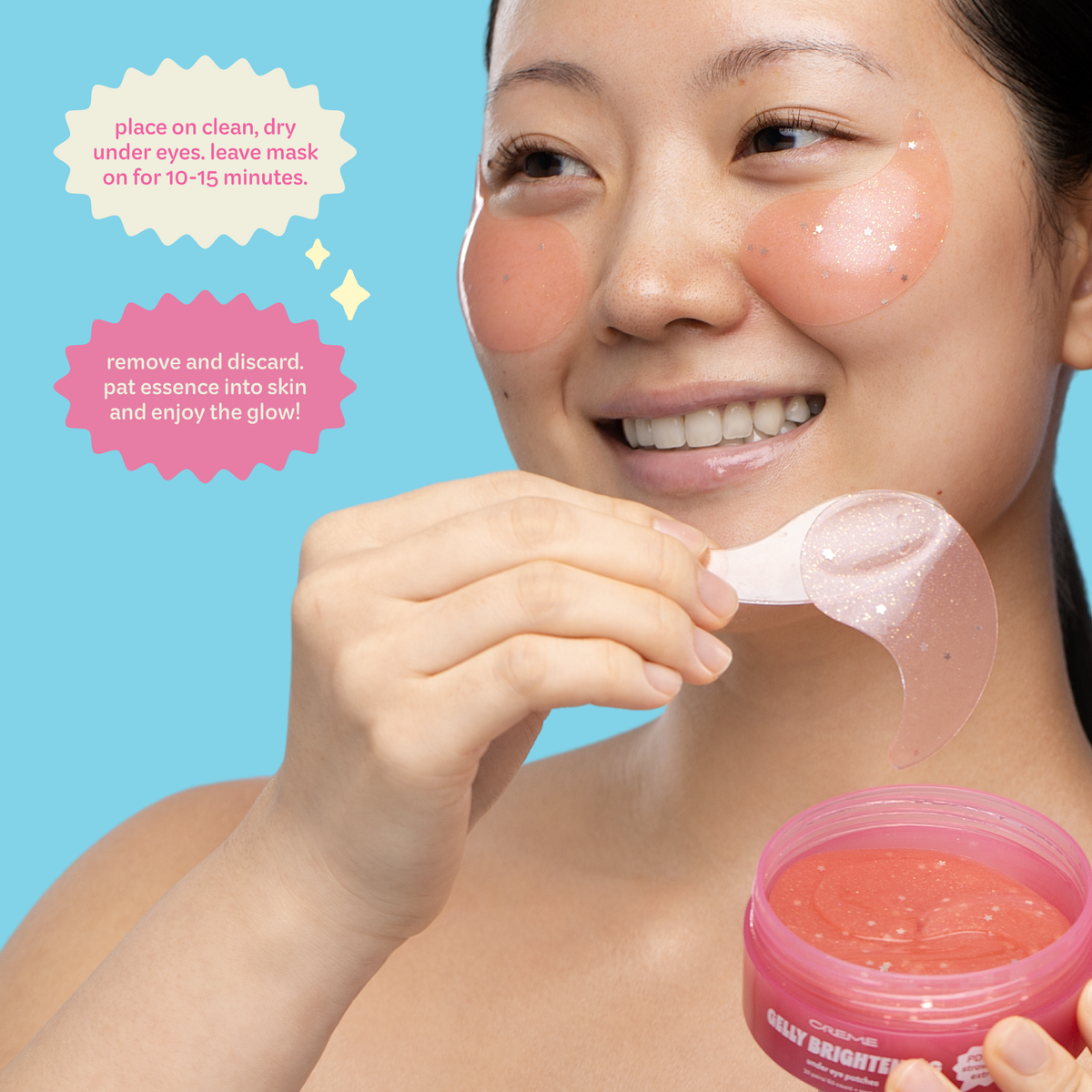 Gelly Brightening Under Eye Patches — model lifting a patch with application directions