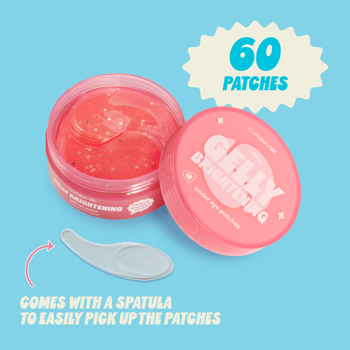 Gelly Brightening Under Eye Patches — open jar containing 60 patches with an included spatula