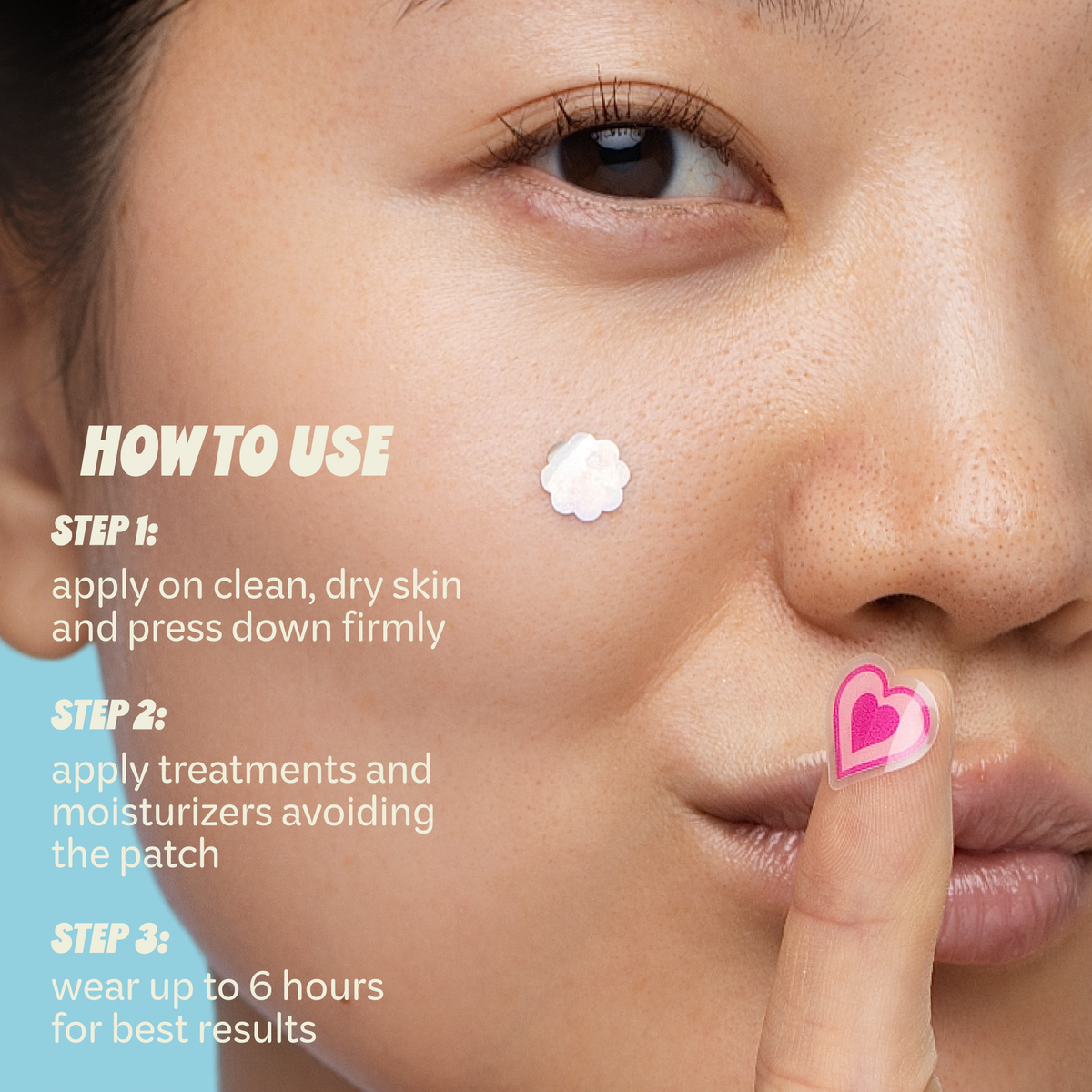 Totally Clear Blemish Patches — model applying a patch with clean-skin application instructions