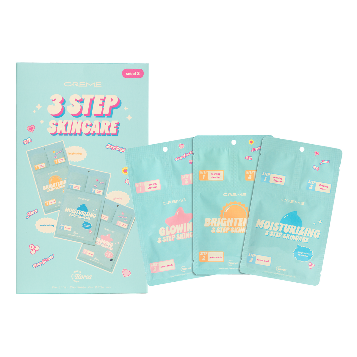 3-Step To-Go Skincare Variety Set — three-step skincare variety pack with Glowing, Brightening and Moisturizing sachets