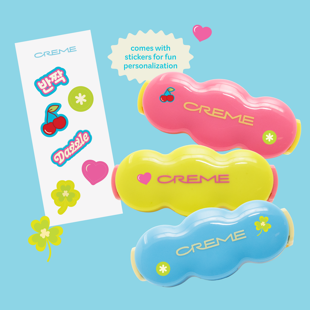 Shimmer Pop Clip-On Lip Gloss — three gloss compacts with decorating stickers
