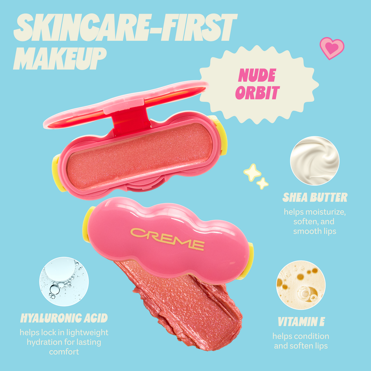Shimmer Pop Clip-On Lip Gloss — Nude Orbit — Nude Orbit gloss with shea butter, hyaluronic acid and vitamin E information