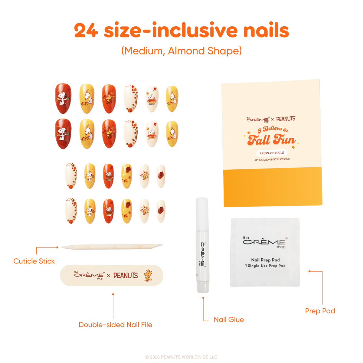 Peanuts Fall Fun Almond Press-On Nails — 24 almond nails with nail glue, file, cuticle stick and prep pad