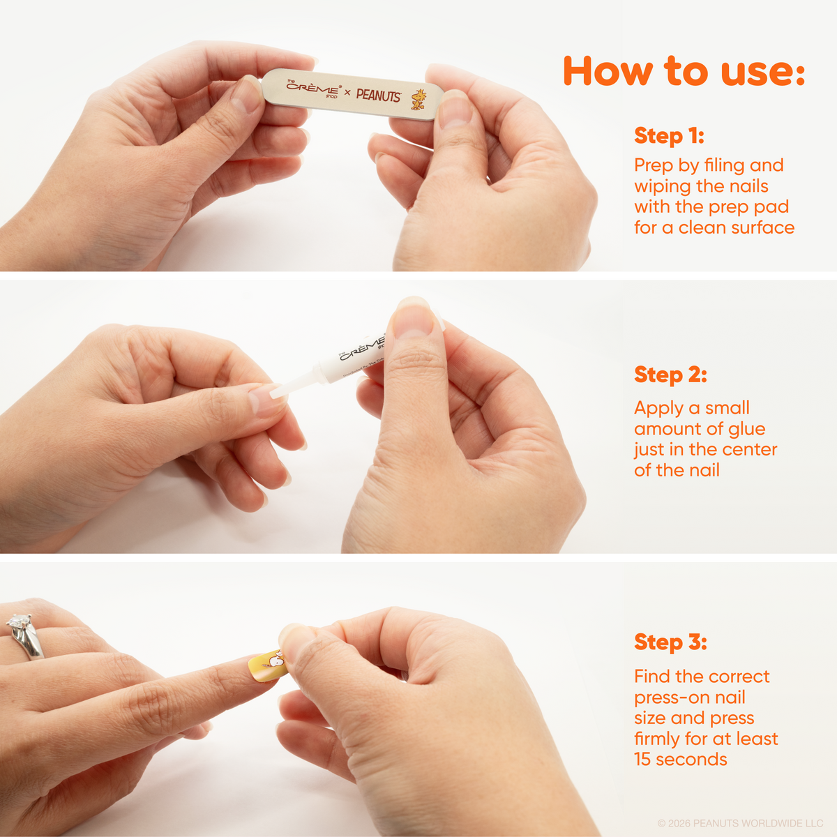 Peanuts Fall Fun Almond Press-On Nails — nail preparation, glue and press-on application steps