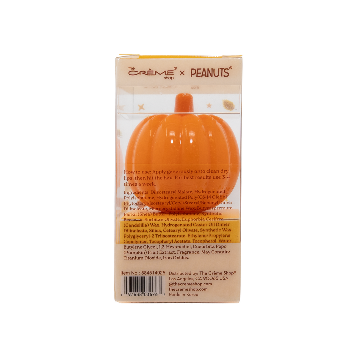 Peanuts Great Pumpkin Overnight Lip Masque — back of the box with ingredients and directions
