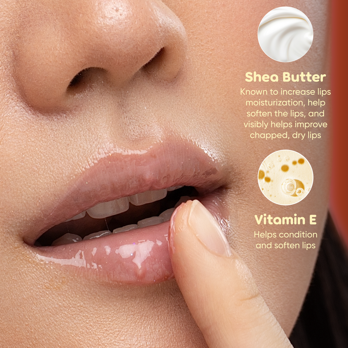 Peanuts Great Pumpkin Overnight Lip Masque — lip application close-up with shea butter and vitamin E information