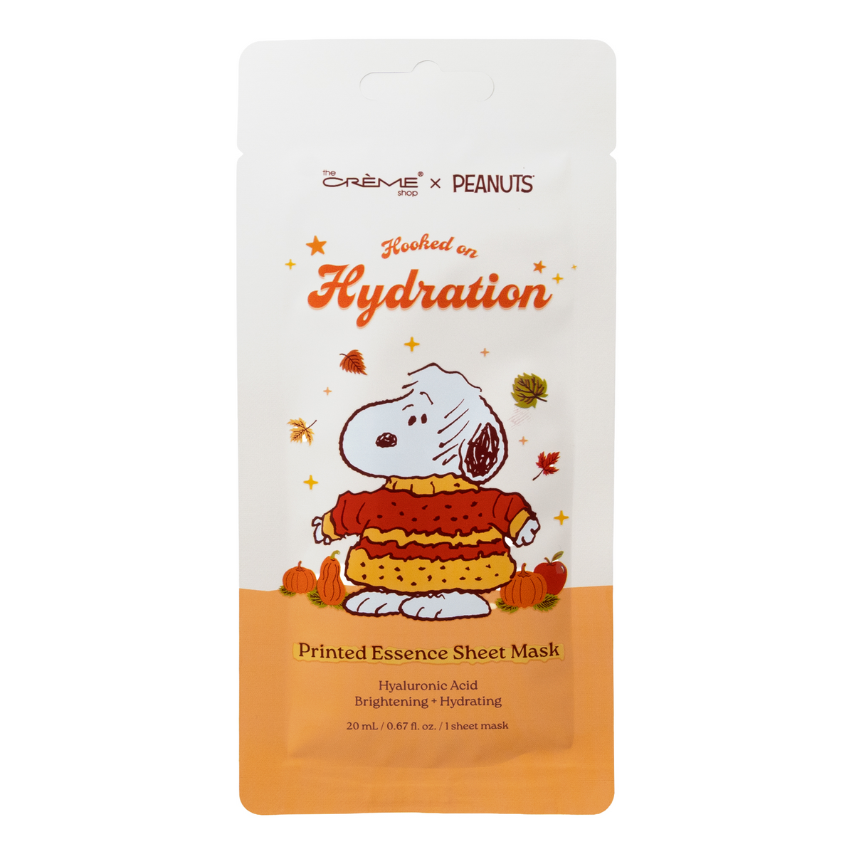 Peanuts Great Pumpkin Hydrating Sheet Mask — front of the Snoopy Hooked on Hydration sheet mask pouch