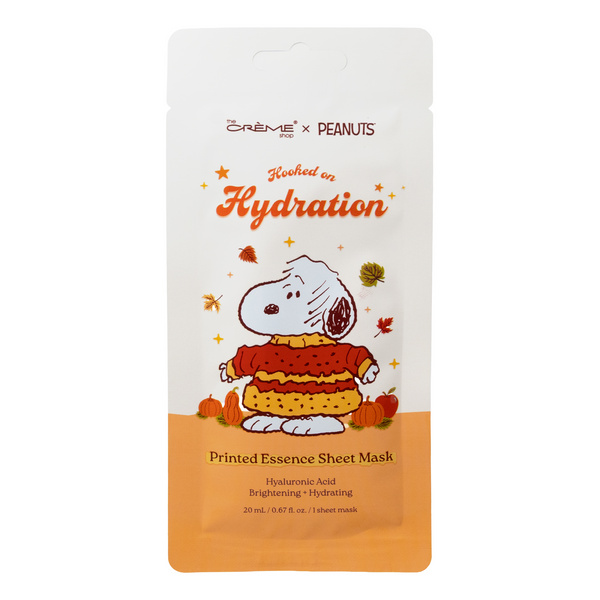Peanuts Great Pumpkin Hydrating Sheet Mask — front of the Snoopy Hooked on Hydration sheet mask pouch