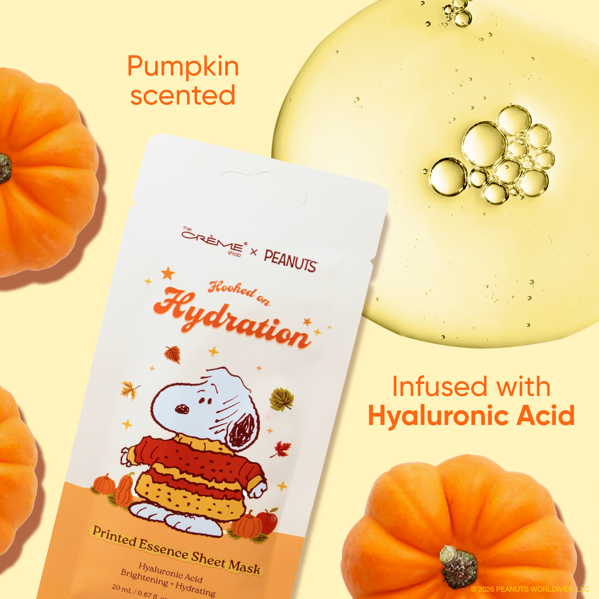 Peanuts Great Pumpkin Hydrating Sheet Mask — mask pouch with pumpkin scent and hyaluronic acid information