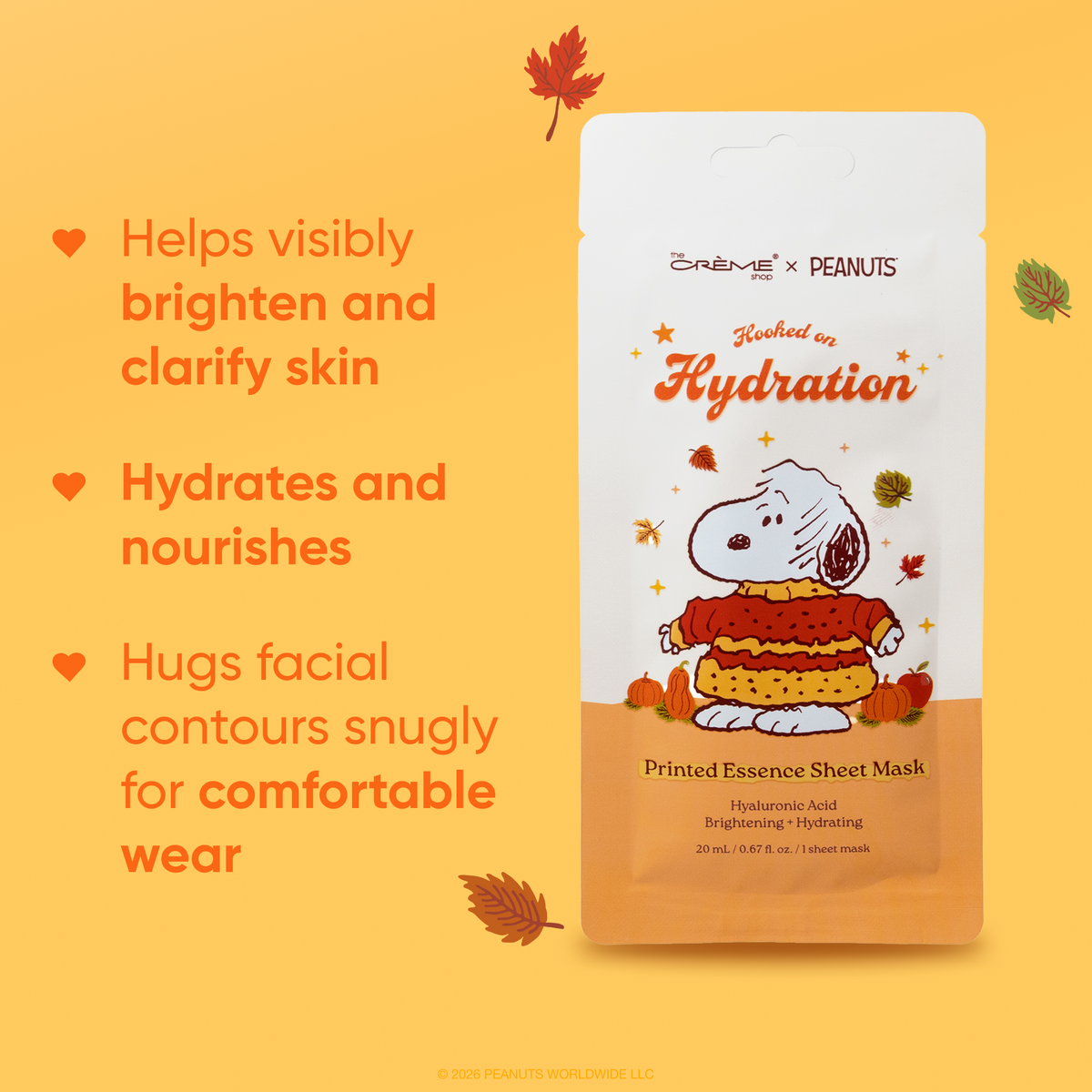 Peanuts Great Pumpkin Hydrating Sheet Mask — mask pouch with hydration and fit features
