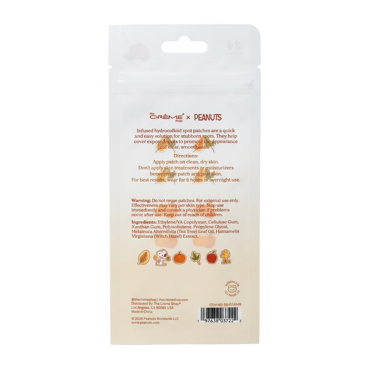 Peanuts Great Pumpkin Blemish Patches — back of the pouch with ingredients and directions
