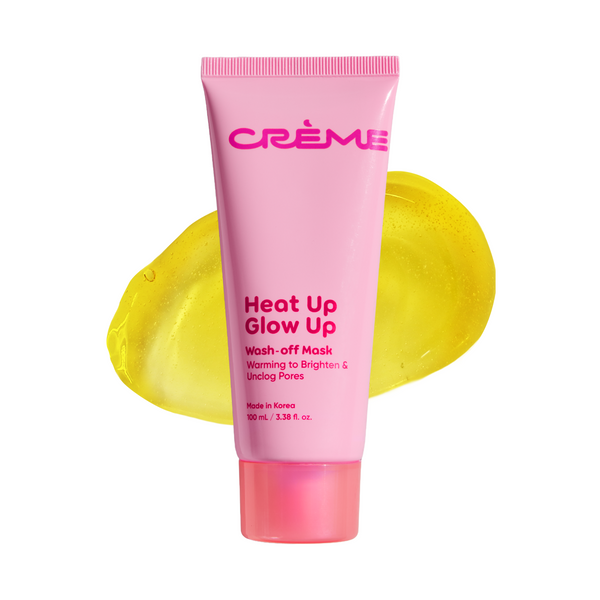 Heat Up, Glow Up Wash Off Mask — pink tube with a golden mask texture swatch
