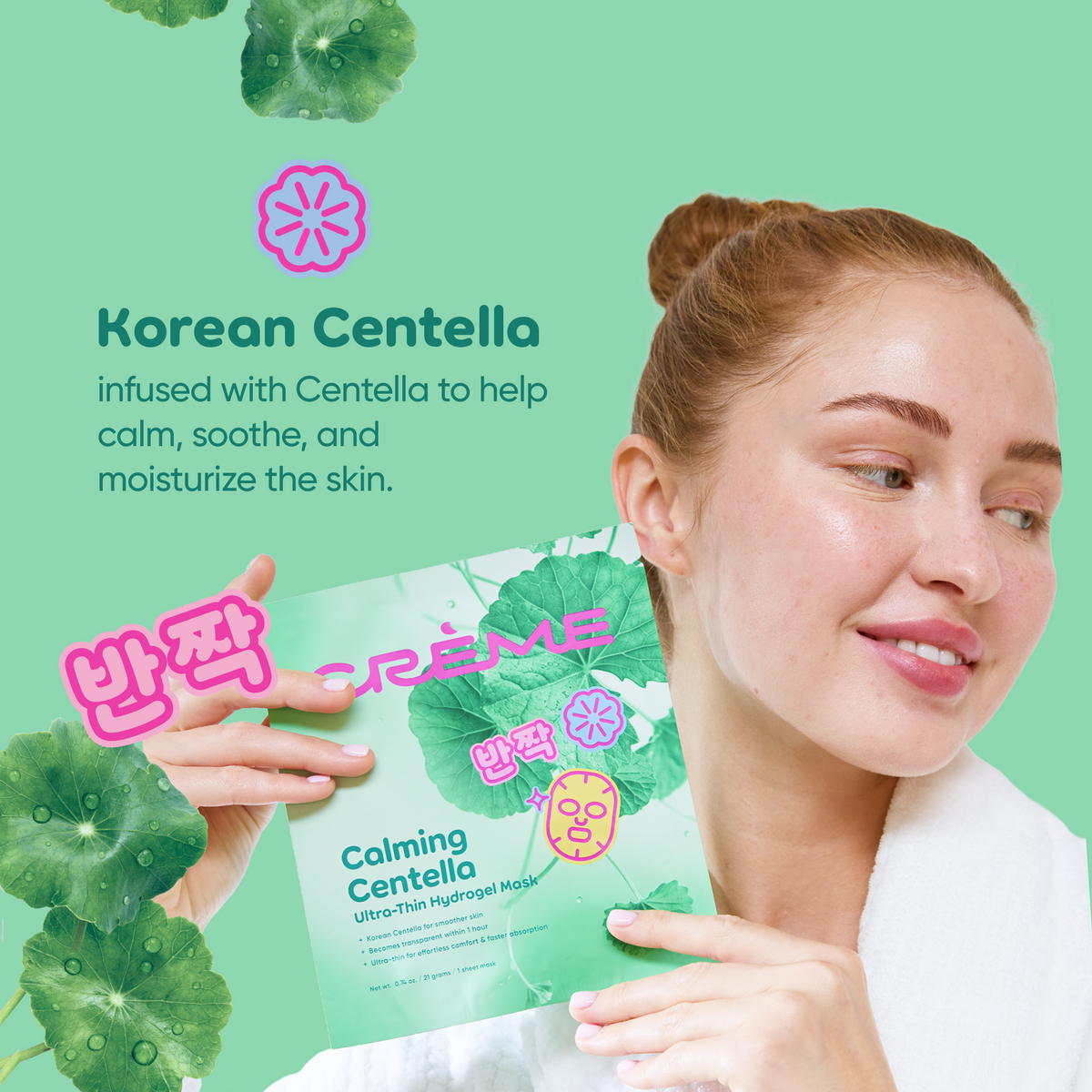 Centella Ultra-Thin Hydrogel Mask — model holding the pouch with Korean centella information