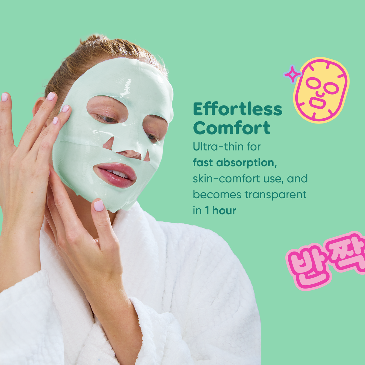 Centella Ultra-Thin Hydrogel Mask — model wearing the hydrogel sheet mask with fit information