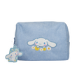Cinnamoroll Dream Daisy Makeup Bag — front of the blue ribbed makeup bag with Cinnamoroll and daisy embroidery