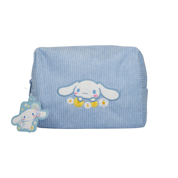 Cinnamoroll Dream Daisy Makeup Bag — front of the blue ribbed makeup bag with Cinnamoroll and daisy embroidery